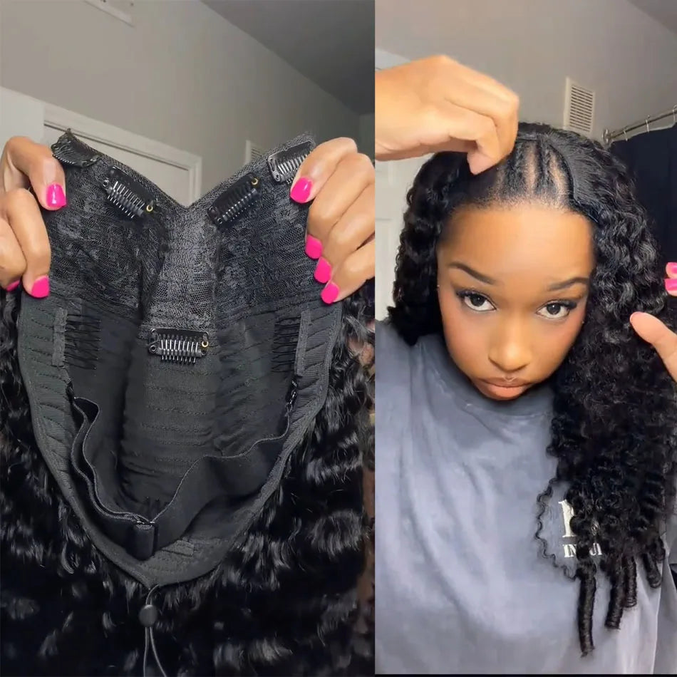 Burmese Curly V U Part Wig Drawstring Mongolian Human Hair V Shape Curly Wig Glueless With Spiral End Wigs For Women Easy To Go