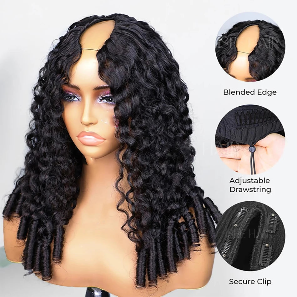 Burmese Curly V U Part Wig Drawstring Mongolian Human Hair V Shape Curly Wig Glueless With Spiral End Wigs For Women Easy To Go