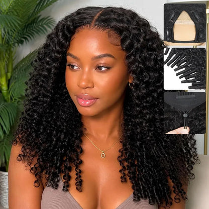 Burmese Curly V U Part Wig Drawstring Mongolian Human Hair V Shape Curly Wig Glueless With Spiral End Wigs For Women Easy To Go