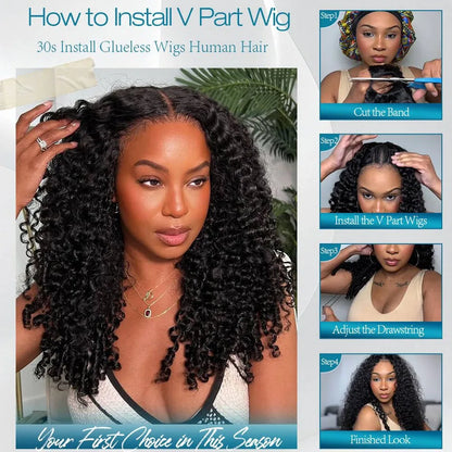 Burmese Curly V U Part Wig Drawstring Mongolian Human Hair V Shape Curly Wig Glueless With Spiral End Wigs For Women Easy To Go