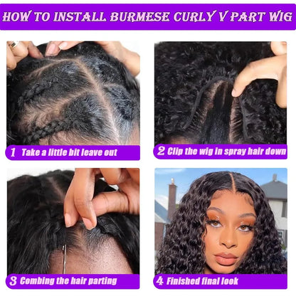 Burmese Curly V U Part Wig Drawstring Mongolian Human Hair V Shape Curly Wig Glueless With Spiral End Wigs For Women Easy To Go